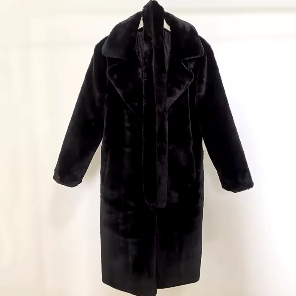 Luxury Winter Long Overcoats Women Oversized Lapel Belted Faux Rabbit Fur Coat - Picture 13 of 16